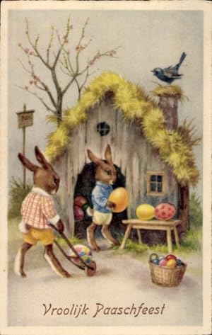 Ansichtskarte / Postkarte Glückwunsch Ostern, Vermenschlichte Hasen, bunte Ostereier