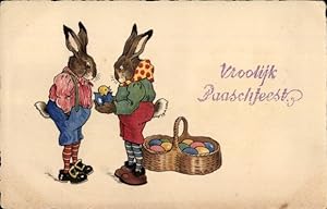 Ansichtskarte / Postkarte Glückwunsch Ostern, Vermenschlichte Hasen, Ostereier