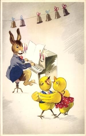 Ansichtskarte / Postkarte Glückwunsch Ostern, Hase spielt Klavier, tanzende Küken