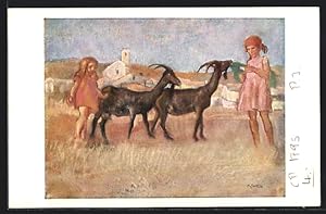 Künstler-Ansichtskarte sign. Pietro Chiesa: Bambini e capre, Kinder und Ziegen