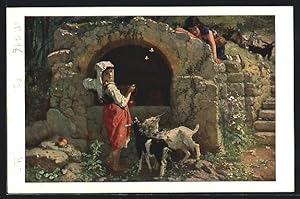 Künstler-Ansichtskarte sign. Ernst Stickelberg: Bauernmädchen steht mit Ziegen am Brunnen von Roc...