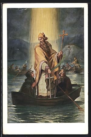 Künstler-Ansichtskarte Geistlicher mit Schwert in einem Ruderboot