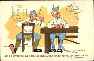 Künstler Ansichtskarte / Postkarte Cheval, Jean, Französische Soldaten in der Kantine, Karikatur