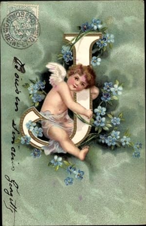 Präge Buchstaben Ansichtskarte / Postkarte Engel mit dem Buchstaben J, Vergissmeinnicht