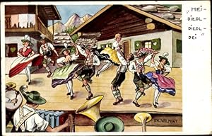 Künstler Ansichtskarte / Postkarte Walmont, I. v., Tanzende Menschen, Tiroler Trachten, Bühne, Mu...