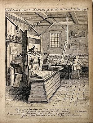 Antique print, etching | The book printer's workshop, published 1628, 1 p.