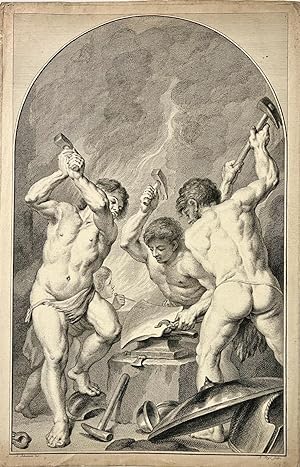Antique print, engraving | Cyclopes in the forge of Vulcan, published 1757, 1 p.