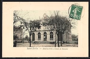 Carte postale Saint-Sorlin, Hotel de Ville et Ecole de Garcons