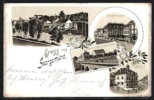 Lithographie Saargemünd, Postamt u. Neubrückenstrasse, Landgerichtsplatz, Hôtel de Ville
