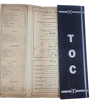 [AUTOGRAPH] MENU FROM BOSTON "TIC TOC" CLUB SIGNED BY "FATS" WALLER