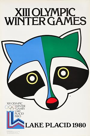 1980 Original Vintage Lake Placid Winter Olympics Poster, Raccoon Mascot