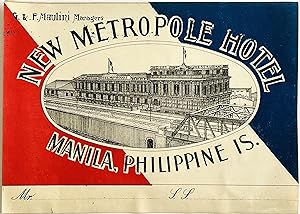 Original Vintage Luggage Label - New Metropole Hotel, Manila, Philippines Isles