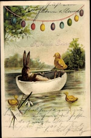 Ansichtskarte / Postkarte Glückwunsch Ostern, Hase in einem Eierboot, Küken am Ruder, Ostereier