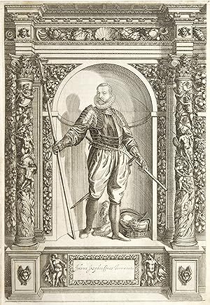 Iodocus Iosephus. Comes Turrianus ( de Furre) Ganzportrait stehend, in einem Schmuckportal mit Sä...
