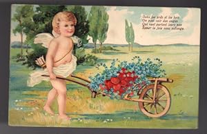 Embossed Cherub Cupid Pushing Wheelbarrow of Hearts & Forget Me Nots Valentine Postcard