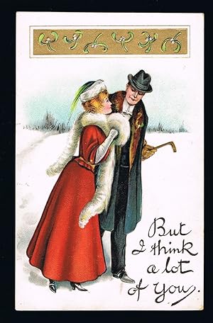 I Think a Lot of You Couple in Snow Embossed Christmas Postcard