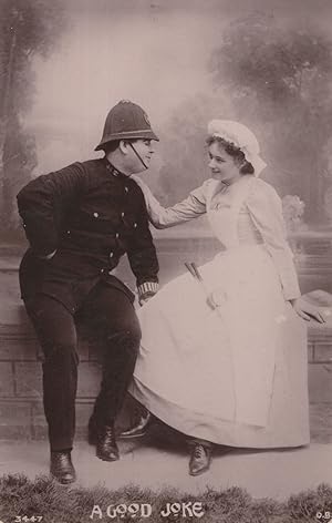 A Good Joke Policeman With Nurse Maid Old Comic RPC Police Postcard