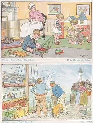 French Boy With Toy Model Train Crane Ship 2x Old Sketch Postcard s