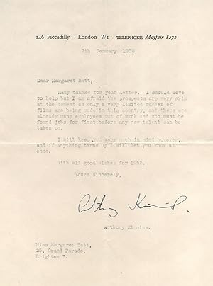 Anthony Kimmins OBE Film Director London Antique Hand Signed Letter
