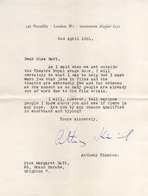Anthony Kimmins OBE Film Director Antique Hand Signed Letter