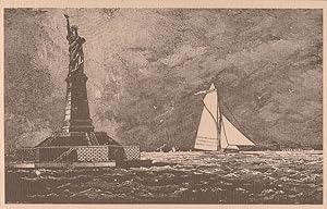 Sailing Boat Hudson River State Of Liberty Drawing Art Postcard