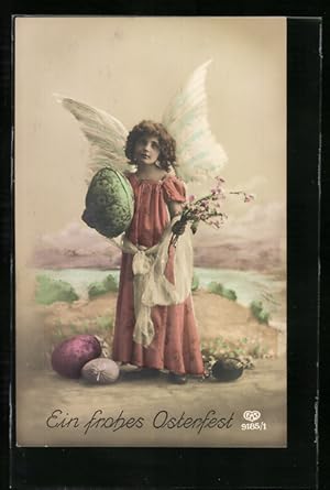 Ansichtskarte Osterengel mit grossem grünen Ei und Blumen