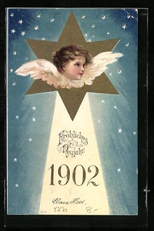 Lithographie Neujahrsengel vor einem goldenen Stern