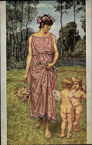Künstler Ansichtskarte / Postkarte Thoma, Hans, Frau in rosa Kleid, zwei Engel, Amor