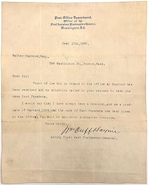 United States Post Office Official Letter to Pasadena Businessman Walter Raymond, Esq