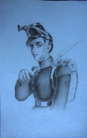 Gravure sur papier bleu DE CASSAGNE 1876 militaria le depart