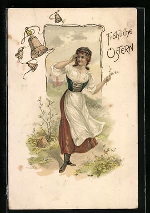 Ansichtskarte junge Frau mit läutenden Glocken, Fröhliche Ostern
