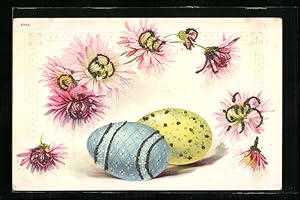 Ansichtskarte Ostereier umrankt von rosanen Blüten