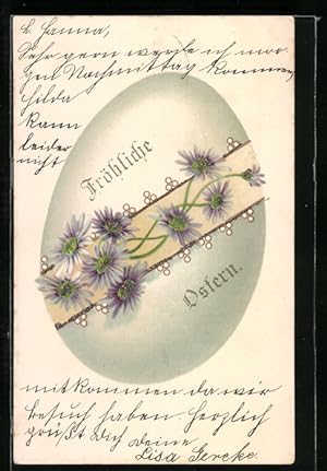 Ansichtskarte Osterei geschmückt mit lilanen Blumen