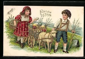 Ansichtskarte Lamm zieht Wagen mit bemalten Eiern, Mädchen, Knabe, Beldog husvéti ünnepeket!
