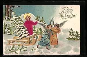 Ansichtskarte Weihnachtsengel ziehen das Christkind auf einem Schlitten