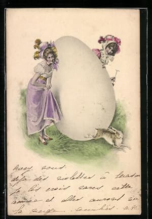Künstler-Ansichtskarte M. Munk: Fröhliche Ostern!, Fräuleins mit Hase und Ei