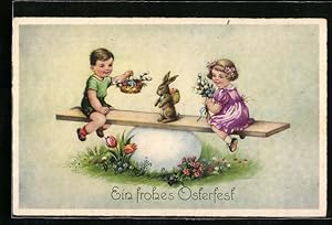 Ansichtskarte Osterhase mit Kindern auf einer Wippe