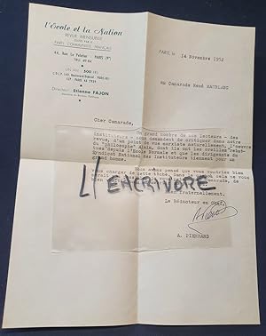 Lettre tapuscrite signée de André Pierrard 1952 - Député du Nord