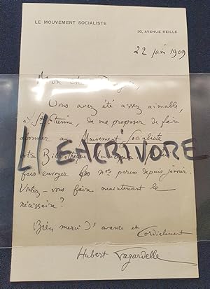 Billet autographe signé de Hubert Lagardelle - Juin 1909