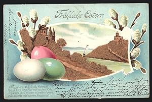 Ansichtskarte Fröhliche Ostern, Ostereier und Weidenkätzchen mit schöner Landschaft