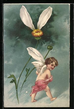 Ansichtskarte Kleiner Engel stiehlt Blatt vom Blumenorakel