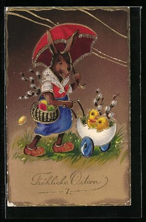 Ansichtskarte Häsin mit Küken im Kinderwagen und Schirm, Ostergruss