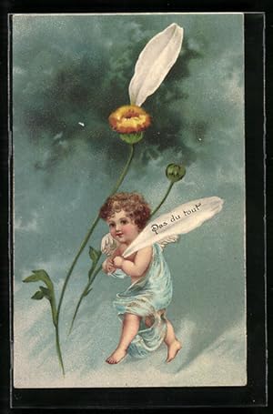 Ansichtskarte Engel hält eine Margeriten-Blüte in den Händen