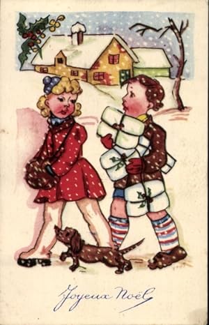Ansichtskarte / Postkarte Glückwunsch Weihnachten, Mädchen und Junge mit Geschenken im Schnee