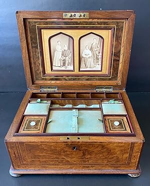 BURLWOOD SEWING BOX with TWO CDV PHOTOGRAPHS c. 1870s