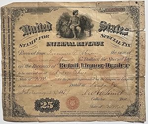 Two 1877 United States Internal Revenue Service Special Tax Stamp Forms signed by Colonel Francis...