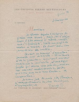 Pierre BETTENCOURT lettre autographe signée