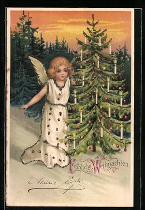 Ansichtskarte Weihnachtsengel mit geschmückten Tannenbaum in der Dämmerung