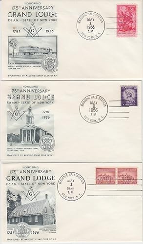 3 First Day Postal Covers - For Grand Lodge F. & A.M. - State of New York, 175th Anniversary