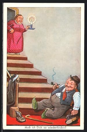 Ansichtskarte Frau findet ihren betrunkenen Mann am Fusse der Treppe